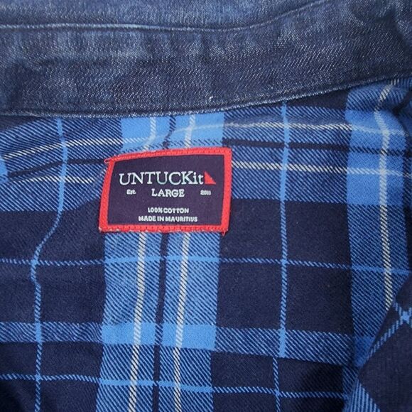 Untuckit Noland Flannel Navy Plaid Casual Button Up Denim Collar Pocket L - Picture 4 of 5